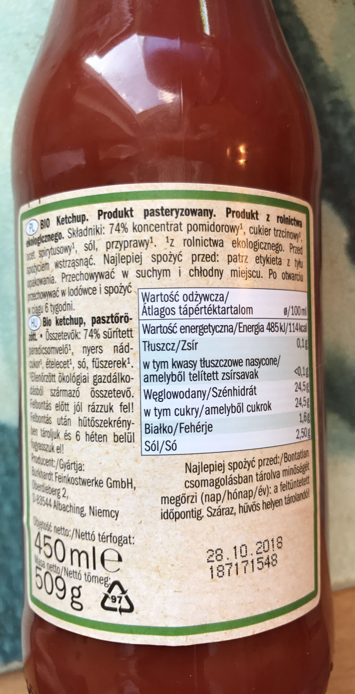 Bio Organic Tomato Ketchup Kania lidl