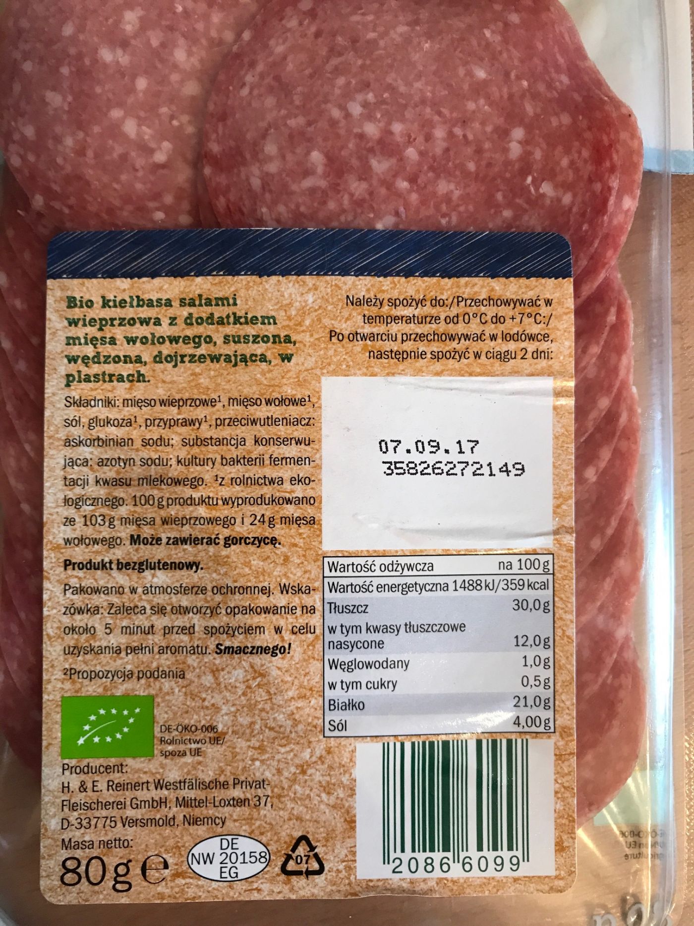 Bio Organic Salami wieprzowo-wolowe Dulano lidl